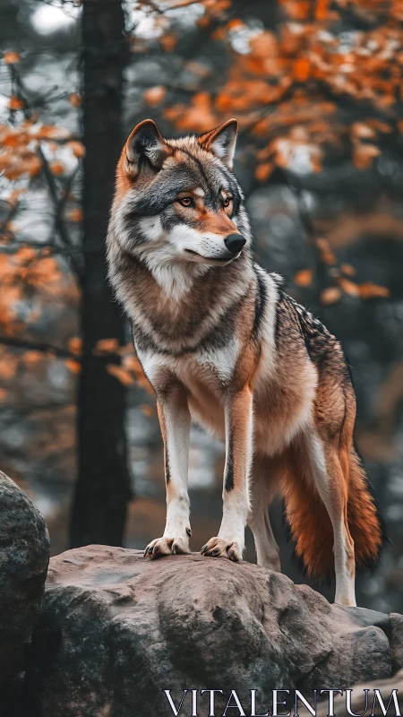 Autumn forest wolf poised on mossy rocks in soft focus background.