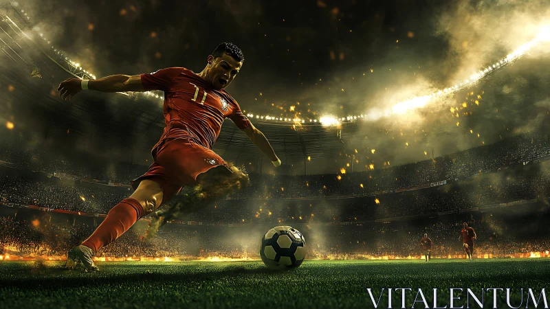 Electric soccer striker winds up for a powerful stadium shot.