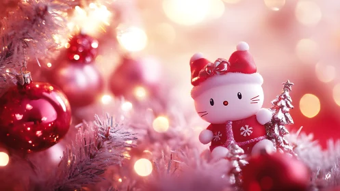 Cute Christmas cat figurine amid bokeh-lit pink ornaments