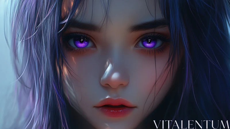 Violet-eyed girl gazes forward in luminous digital portrait.