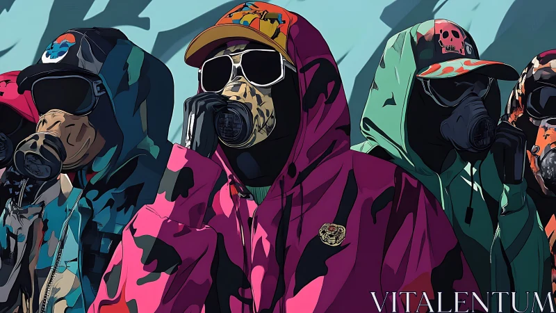 Hooded figures in gas masks stand in stylized formation