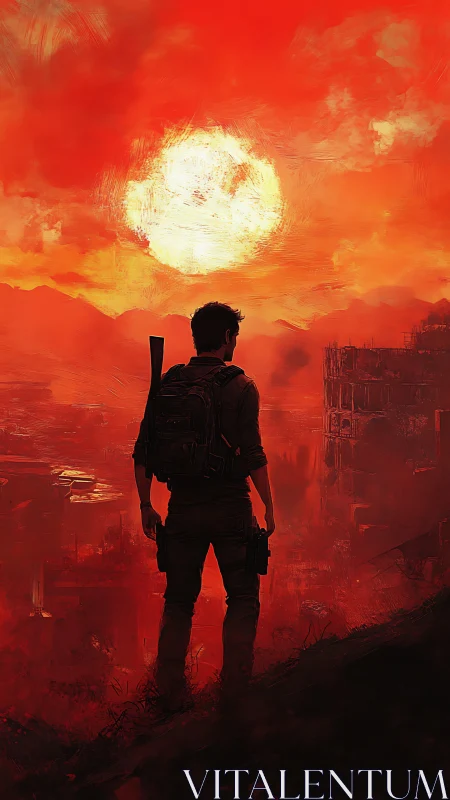 Lone armed survivor overlooking red apocalyptic cityscape.
