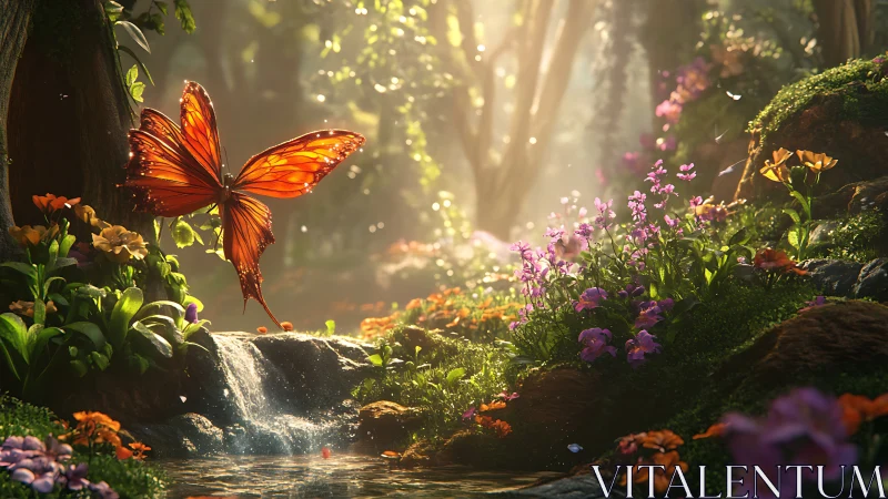 Luminous amber butterfly drifting above a secret forest stream.