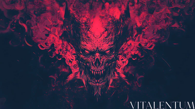 Demonic skull rendered in neon crimson smoke on black field