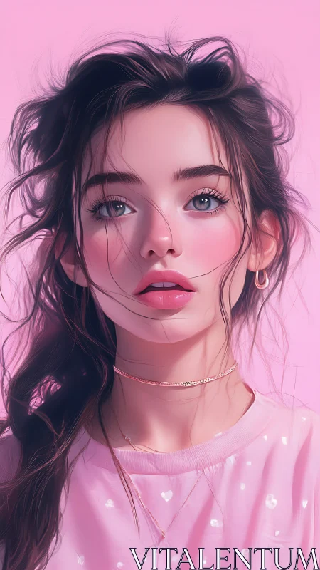 Cotton candy daydream girl with wind‑tousled pastel gaze.