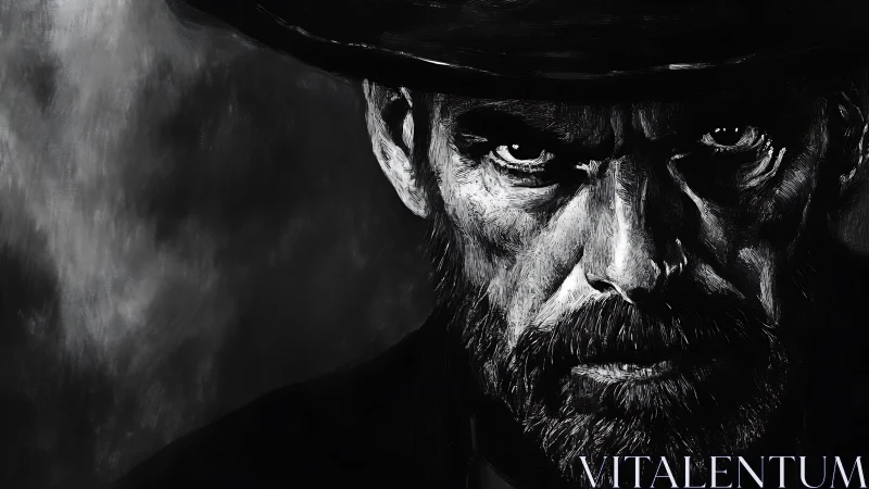 Monochrome close-up portrait of bearded man in hat.