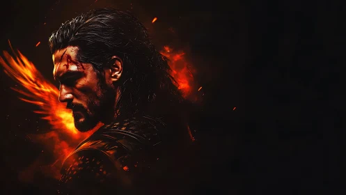 Battle-scarred warrior profile amid erupting ember plume glow
