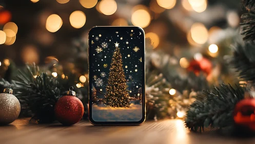 Cozy digital Christmas tree glowing in a festive dreamscape.