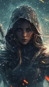 Hooded winter huntress in dynamic ember-laced snowfall portrait.