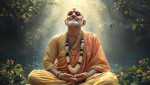Elderly monk in saffron robes meditates under radiant forest light