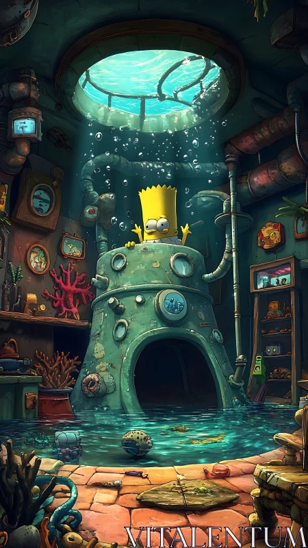 Cartoon boy in flooded underwater lab with vintage pod.