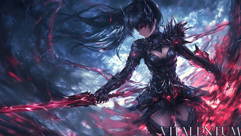 Dark arcane swordswoman in crystalline inferno armor design.