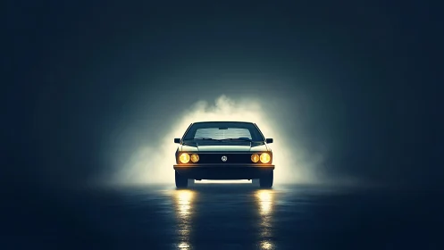 Front view of classic car with headlights in dark space.