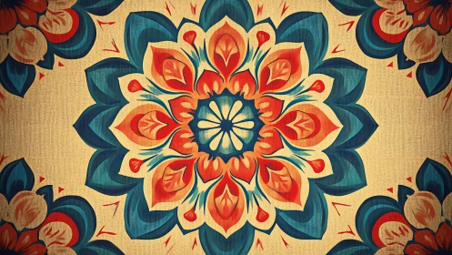 Radially symmetric floral mandala with textured canvas simulation