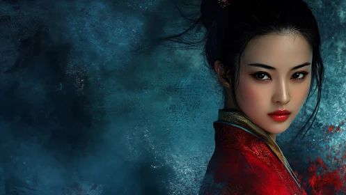 Portrait of woman in red robe against textured blue backdrop.