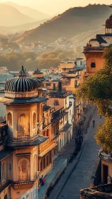 Sunlit Rajasthani streetscape with domed haveli facades at dusk.