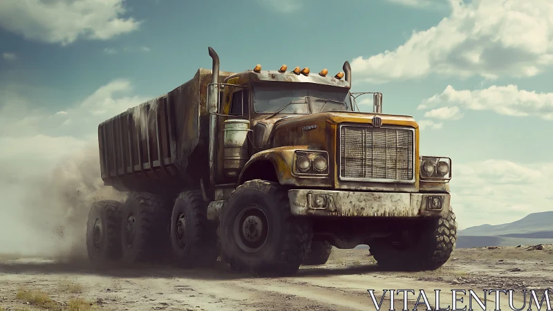 Heavy off-road dump truck kicking dust on rugged track.