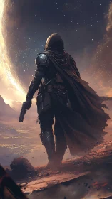 Wanderer in starlit armor walking the edge of a world.