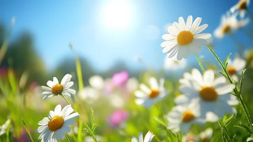 White daisies flourish under bright sunlight in blooming meadow.
