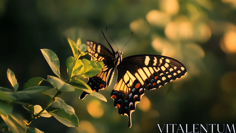 Swallowtail butterfly rests on sunlit leaves at golden hour