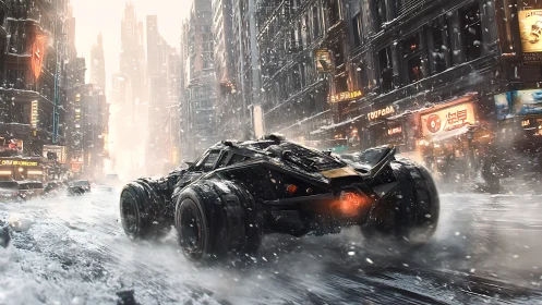 Armored futuristic car speeding through snowy city street.