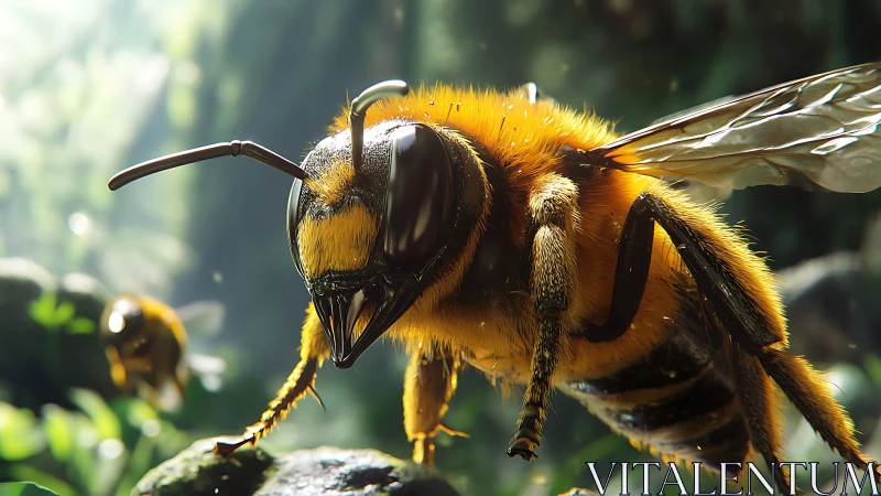 Macro close-up of a detailed bee on a forest rock.