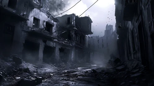 Collapsed urban street with damaged multi‑story buildings.