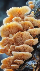 Clustered orange fungi with detailed gills on tree bark.