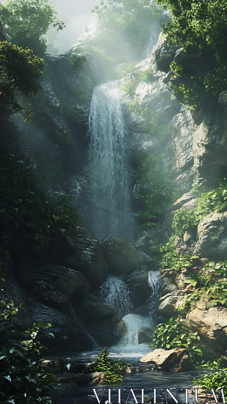 Sunlit forest waterfall pours through misty rocky gorge