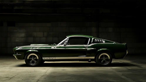 Dark green classic fastback muscle car rests in studio light