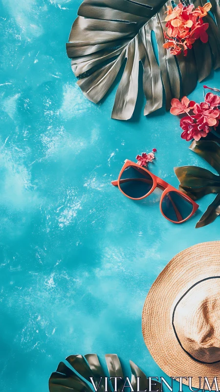 Summer beach flatlay with hat, sunglasses, leaves, flowers.
