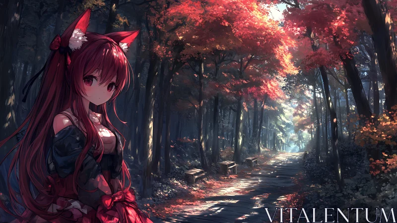 Fox-eared anime girl beside sunlit autumn forest path.