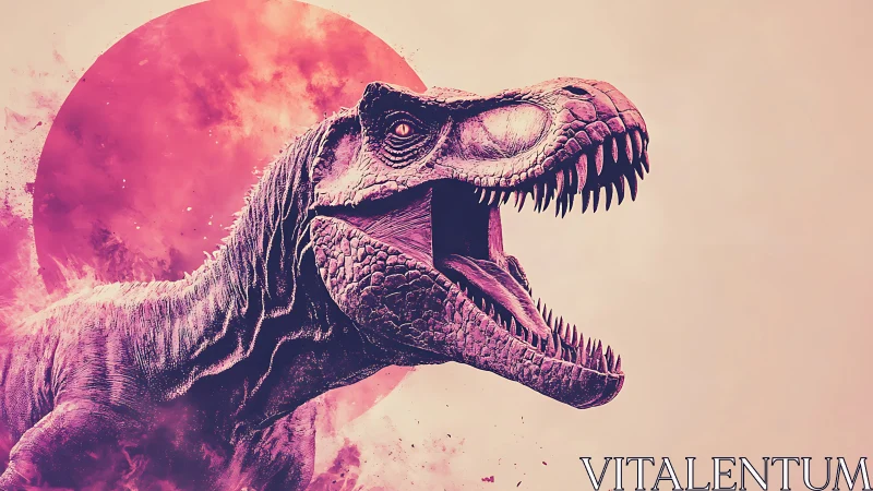 Roaring T Rex silhouette against vivid magenta sunburst.