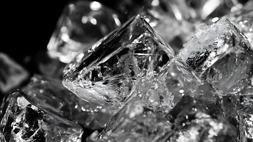 Close-up monochrome view of irregular ice cube cluster.