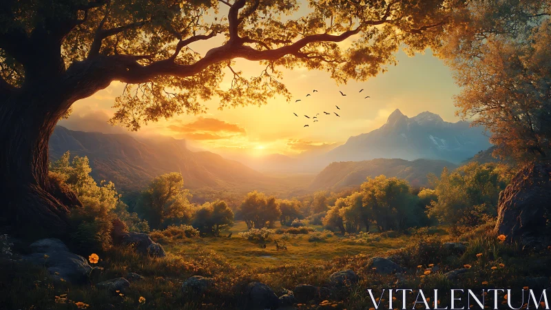 Golden valley sunrise welcomes a peaceful mountain morning