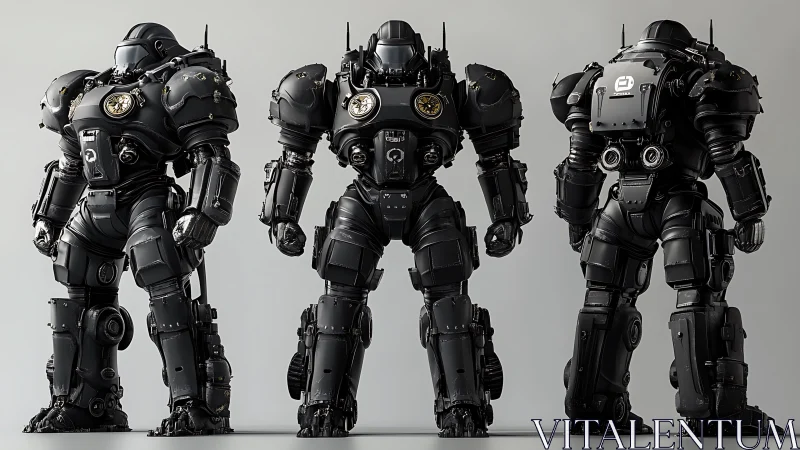 Triple-armored mechs quietly rehearse a steel ballet in studio light