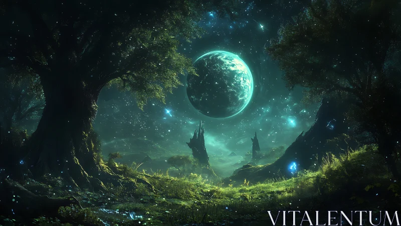 Moonlit alien forest dreaming beneath a luminous emerald sky.