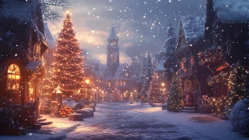Snowy Christmas village glows with warm festive lights at dusk
