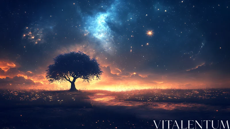 Lone tree under astral sky in luminous landscape composition.