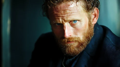 Intense blue eyed man holds direct gaze in moody light