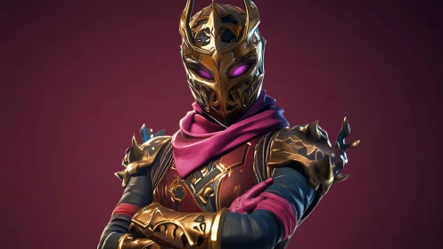 Regal masked warrior in glowing gold and magenta armor.