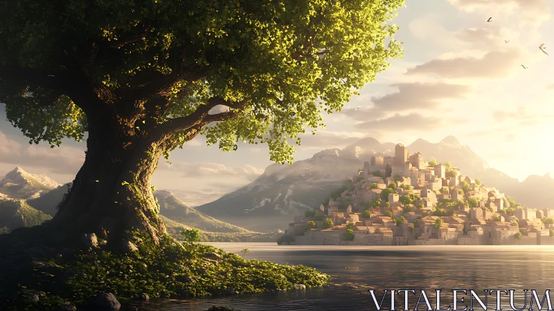 Golden Hour Landscape: Architectural Settlement and Ancient Tree Composition.