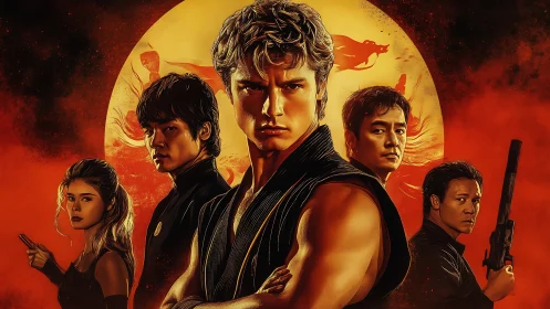 Martial arts heroes stand united before blazing red moon.