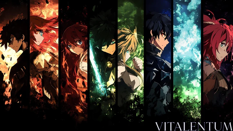 Elemental anime heroes aligned in vertical battlefield panels