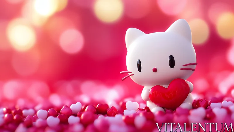 White cat character holds red heart against pink bokeh background.