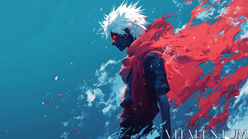 Solitary white haired figure with red cloak in blue void.