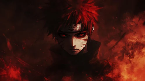 Red eyed anime warrior framed by dark burning haze.