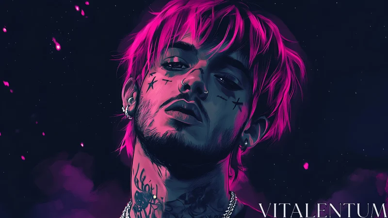 Digital portrait depicts tattooed figure with neon magenta hair