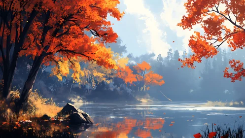 Golden autumn trees glowing softly beside a quiet lakeshore.