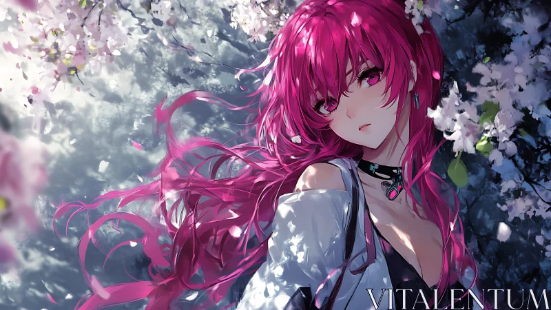 Pink haired dreamer resting beneath soft spring blossoms.